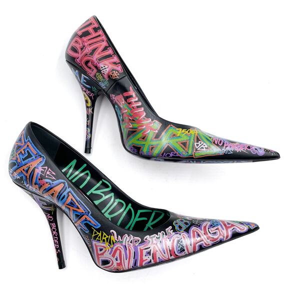Balenciaga Graffiti Knife Pumps Black Leather Heels Pointed Sz 37.5 / 7.5 US‎ - Picture 7 of 12